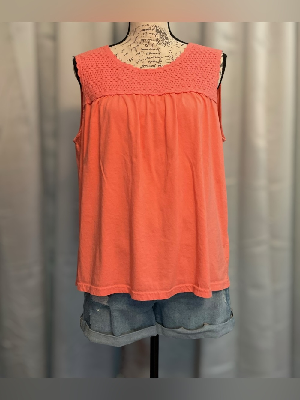Time and Tru Coral Crochet Yoke Sleeveless Tank
